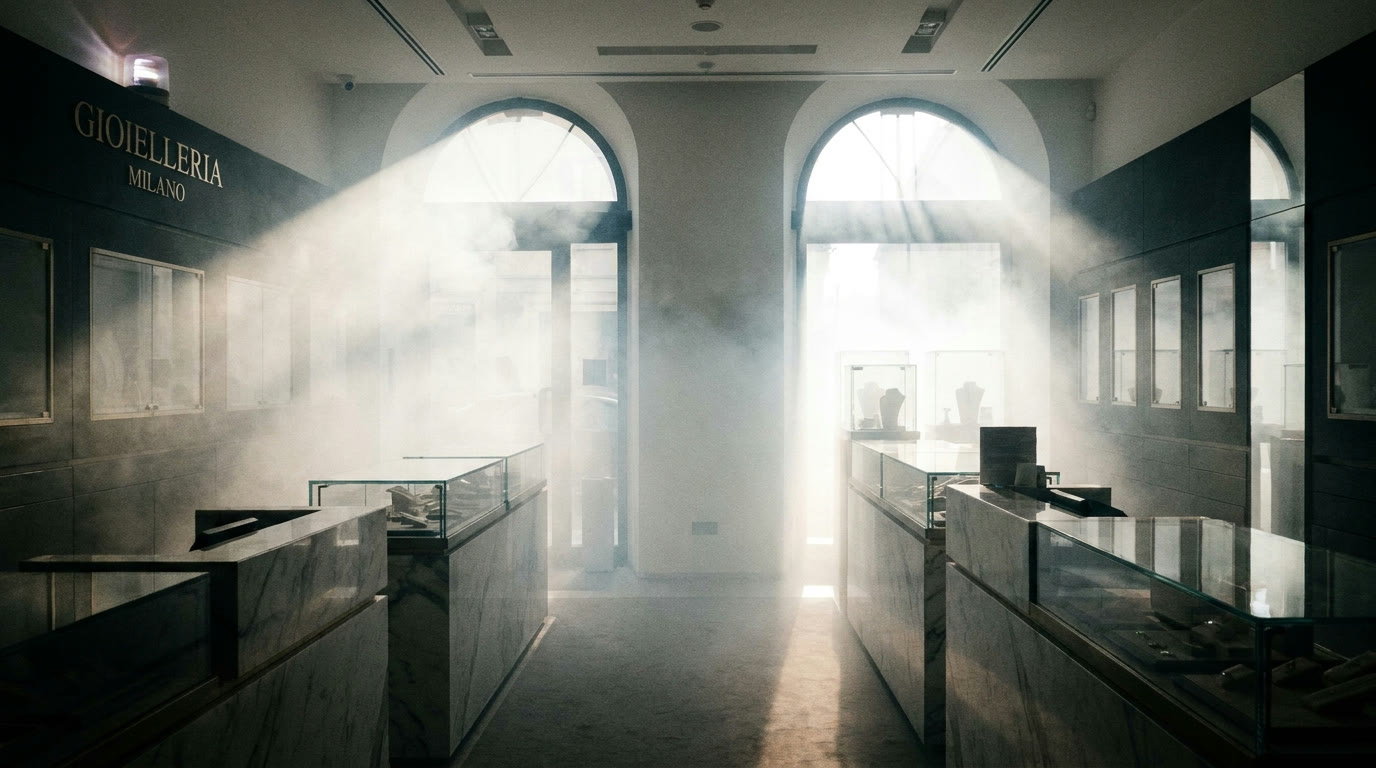 Gioielleria italiana piena di nebbia di sicurezza dopo attivazione
