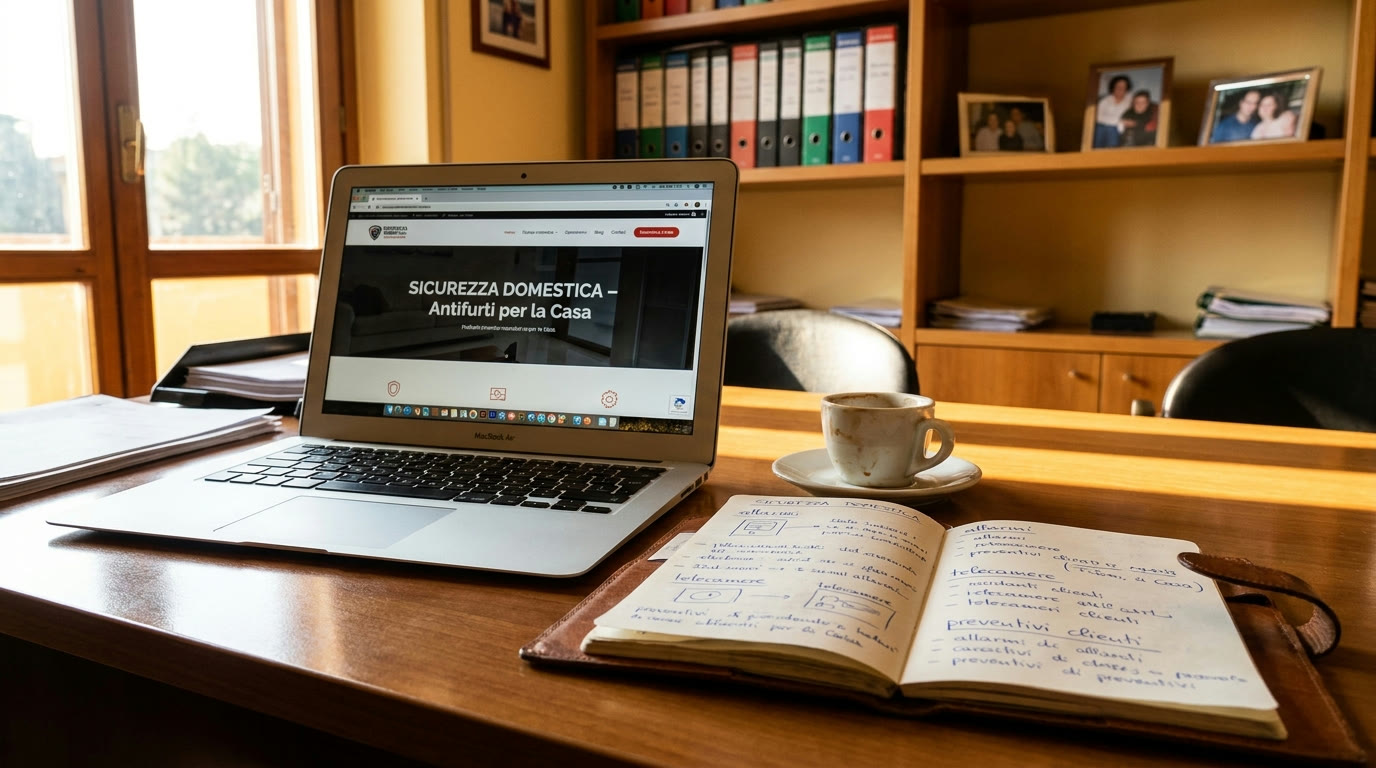 Scrivania italiana con laptop e taccuino, scelta di un nebbiogeno