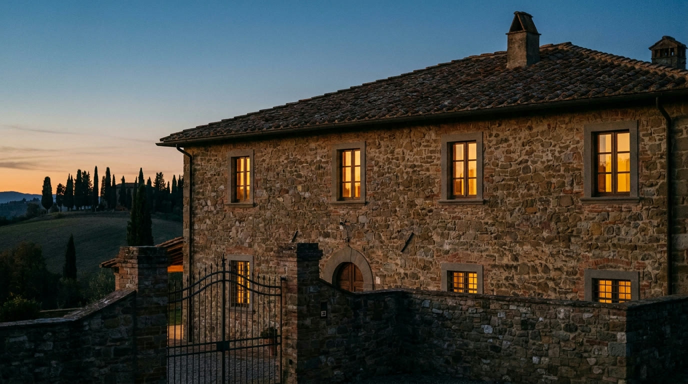 Villa toscana al crepuscolo, esempio di abitazione protetta